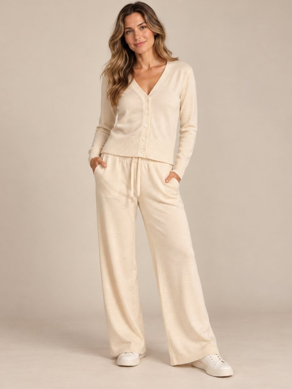 C Outfits Cream Knit Cardigan & Wide Leg Pants Set One Size (*see notes)